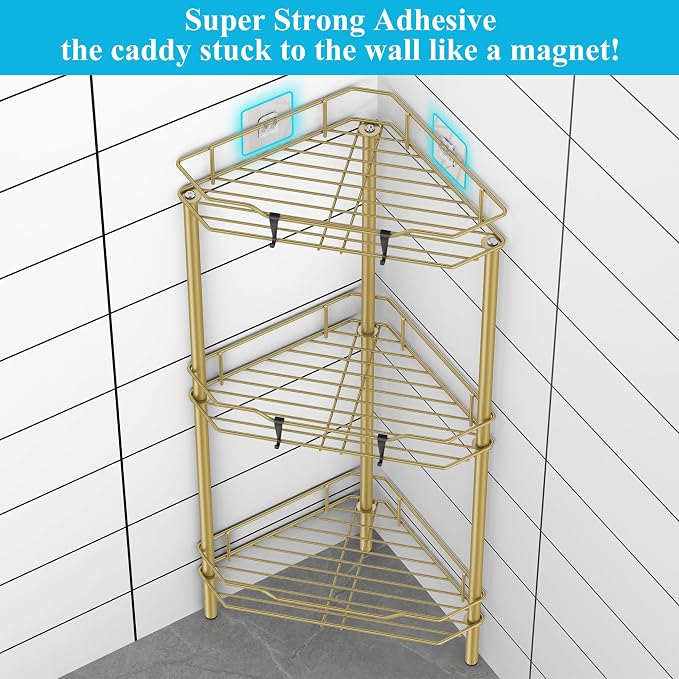 HuggieGems Metal Floor Standing Corner Shower Caddy, Gold, 3 Tier | Adhesive Bathroom Organizer Shelves, Free Standing Shower Rack with Hooks, Hold Large Shampoo Bottles