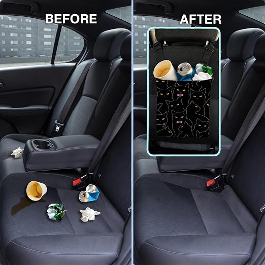 Coquette Black Cat Car Trash Bag Hanging for Back Seat | Canvas Drawstring Car Garbage Bag with Adjustable Buckle Vehicle Trash Can,Black Cat Lover Mom Gifts