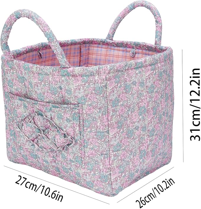 Boho Fabric Storage Basket Quilted Floral Print Baskets Organizer Bin with Handles for Home, Picnic, Shopping (B-Pink, 31cm*27cm*26cm)