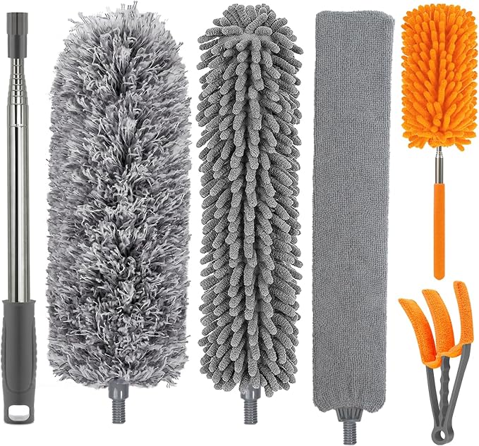 Dusters for Cleaning, 30-100 Inch Long Handle with 4 Duster Types | Washable & Reusable Heads, Detachable Duster Heads Clean High Ceilings, Ceiling Fan, Blinds, Cobwebs & Home Surfaces, Orange
