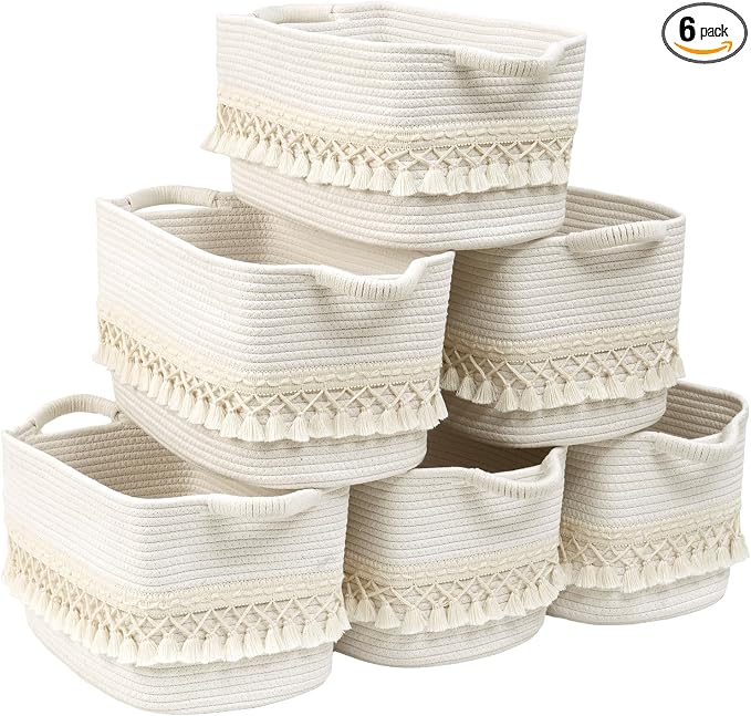 6 Pack Storage Basket for Shelves, Boho Cotton Rope Storage Bins with Heavy Tassel, Shelf Baskets Large Woven Baskets for Organizing, Cube Organizer Bins, Baby Laundry Basket for Clothes, Toys, Pets