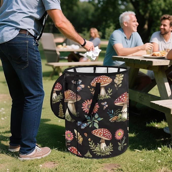 Mushroom Leaf Print Collaspible Trach Can wtih Lid and Handles 24 Gallon Large Capacity Trash Can for Yard Picnic Camping Garden Leaf Bin Reusable Waster Bags