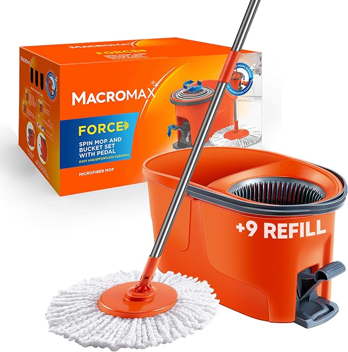 Macromax Force Spin Mop and Bucket Set with 9 Refills– Pedal-Activated Wringer System – 360° Microfiber Mop for Floor Cleaning – Ergonomic Handle – Wet or Dry Use – Hardwood, Tile & Laminate