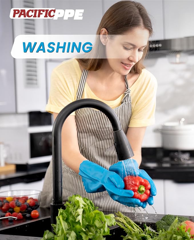2 Pairs Dishwashing Gloves, Cotton Flocked Liner, Blue, Medium | Waterproof dishwashing gloves with non-slip grip, Latex-Free, flexible fit for kitchen, bathroom, laundry & cleaning
