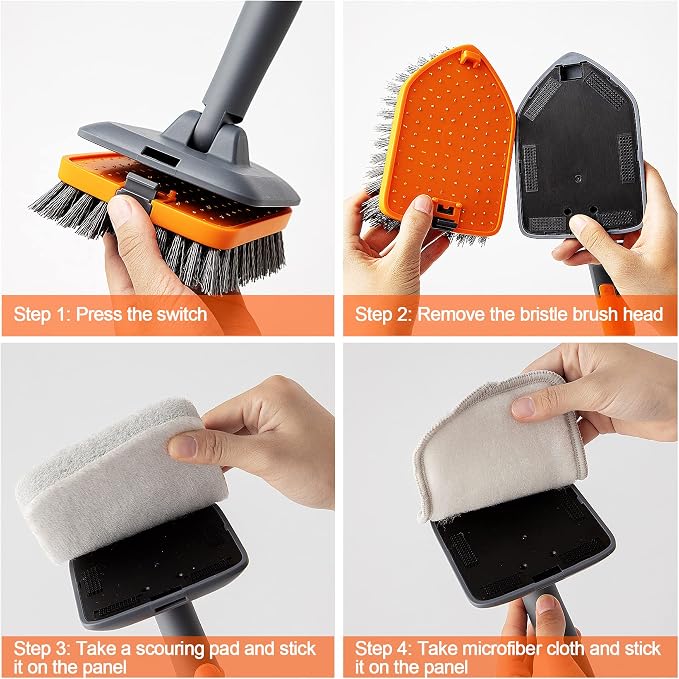 CLEANHOME Tile Tub Scrubber Brush with 3 Different Function Cleaning Heads and 56" Extendable Long Handle-No Scratch Shower Scrubber for Cleaning Bathroom Kitchen Toilet Wall,Bathtub,Sink