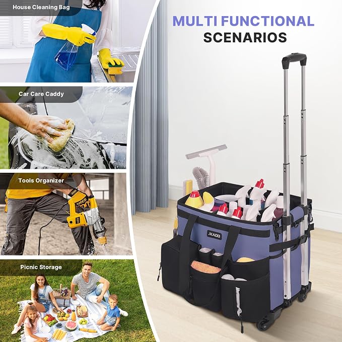 JKAOO Large Rolling Cleaning Caddy Bag with Detachable Trolley, Denim Blue | Waterproof Cleaning Caddy with Wheels, 40L Wheeled Organizer Cart for Supplies, Housekeepers, Home, Office, Car, Picnic