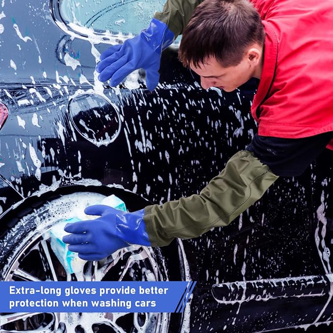 MUMUKE 3-Pair Long Waterproof Gloves, 28 inch | Chemical Resistant, Reusable, Padded Cotton Lined, Acid & Oil Resistant