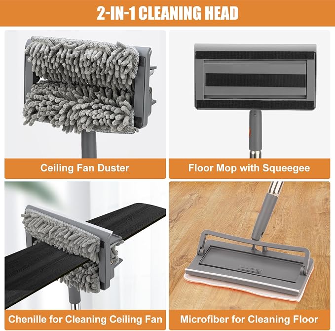 CALBEAU Baseboard Cleaner Tool with Handle, Ceiling Fan Cleaner Duster | 84'' Pole; 2 Chenille + 3 Microfiber Reusable Pads; Squeegee for Streak-free; for Ceiling Fan, Baseboard, Wall, Window, Floor