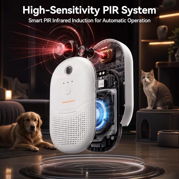 Meowant Cat Litter Odor Deodorizer,Sensor Monitor Negative Ion Air Purifier | 4 Auto Modes Pet Odor Eliminator, Rechargeable Wireless Quiet Odor Remover with Odor Deodorant Gel for Multi-Pet Home 2PCS
