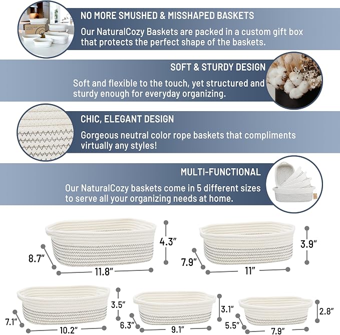 NaturalCozy 5-Piece Rectangle Storage Basket Set- Natural Cotton Rope Woven Baskets for Organizing! Small Basket for Montessori, Baby Nursery, Dog Toy Baskets, Cat Toy Box, Bathroom Organization Bin