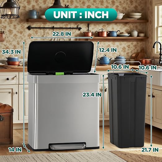 Kitchen Trash can Brushed Stainless Steel Dual Trash can 2 x 8 Gal Garbage Can Kitchen Step Trash Can with Soft-Close Lid Mute Designed Trash Bin for Office, Silver
