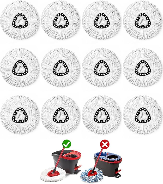 12 Pack Spin Mop Head Replacement for O-Ceda Easy Wring 1-Tank System, Microfiber Mop Refills, 360° Swivel, Deep Cleaning, Machine Washable & Easy to Replace (White)