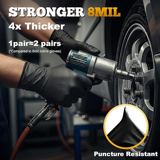 Heavy Duty Black Industrial Nitrile Gloves, 8-mil, Large, Box of 100, Latex Free, Raised Diamond Texture, Powder Free, Food Safe, Rubber Gloves, Mechanic Gloves(L)