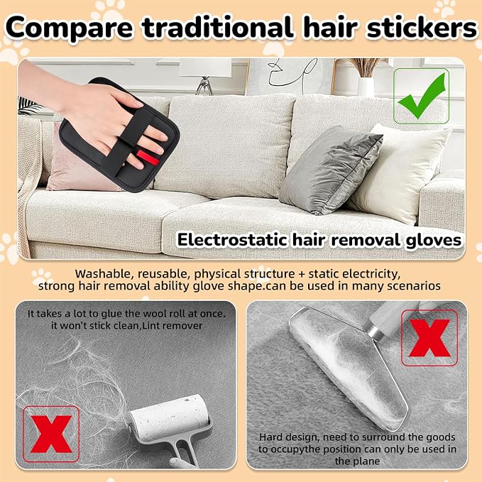 2Pcs Pet Hair Remover, electrostatic pet Hair Removal Gloves, cat and Dog pet Hair Removal Tools, Suitable for Bed Sheets, Blankets, Clothes, Sofas, Multi-Functional Beauty Gloves