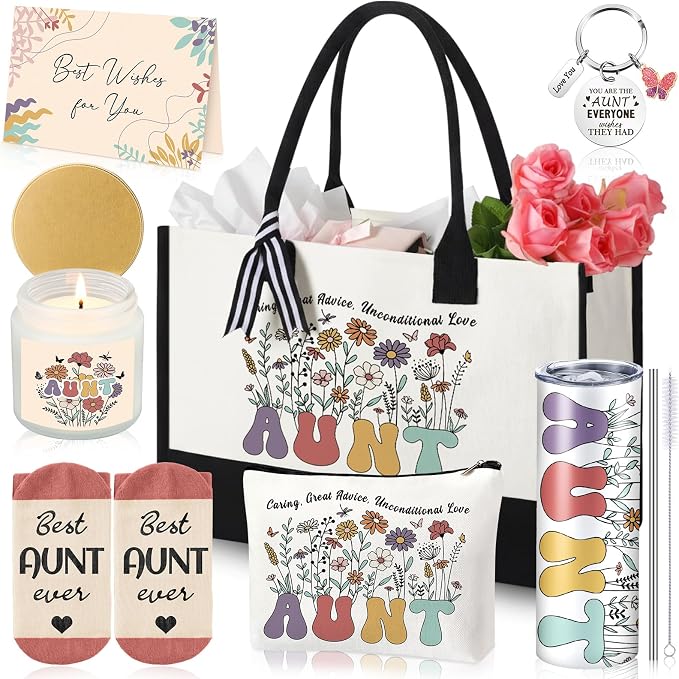 Patelai 7 Pcs Auntie Gifts for Women,Aunt Birthday Wedding Gift Best Aunt | Ideas Presents Set with 20oz Tumbler Tote Bag Scented Candle Keychain Makeup Pouch Appreciation Gifts from Niece Nephew