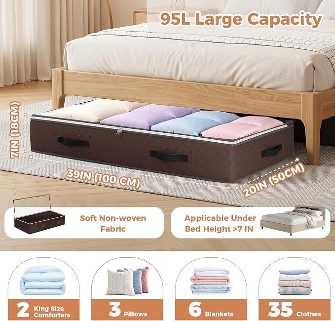 Budding Joy 6 Pack 95L Under bed Storage Containers Brown | Underbed Storage Bags for Blankets, Towels, Comforter, Sweaters, Linen Sheets, Wrapping Paper