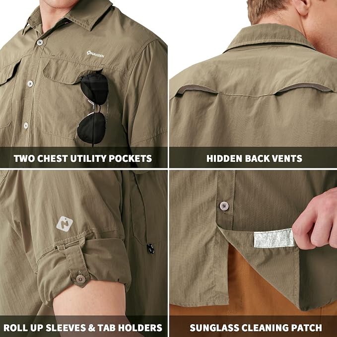 NAVISKIN Men's UPF 50+ Sun Protection Long Sleeve Fishing Shirts | UV Protective, Quick Dry, Vented Back, Utility Pockets, Roll Up Sleeves, Lightweight PFG Shirts For Hiking Camping Safari