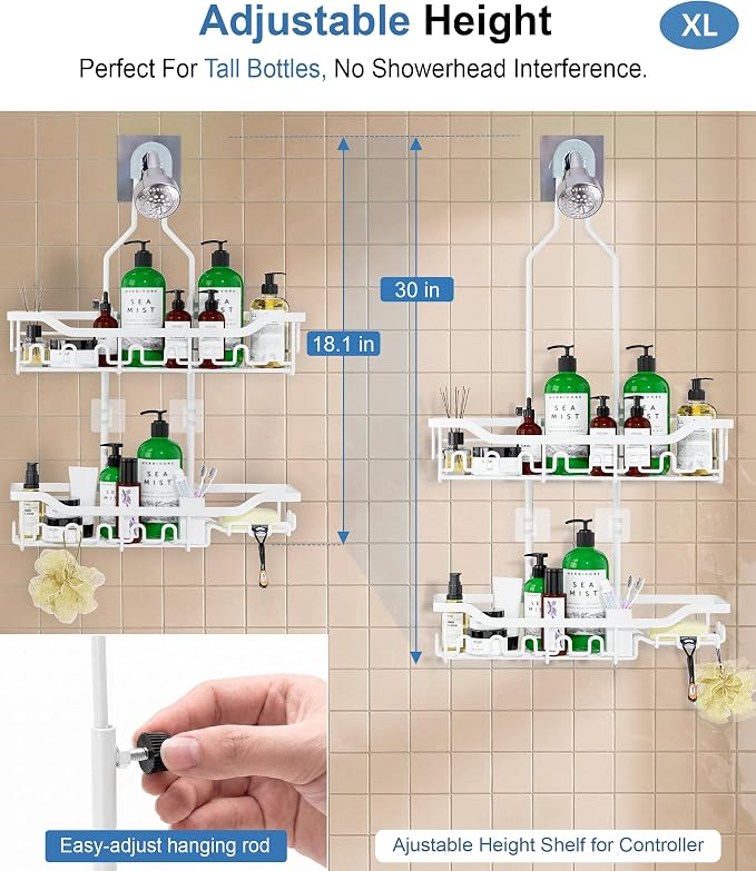 Shower Caddy Hanging Organizer, Extra Large Rack Over Showerhead with Hooks, Adjustable Height Shower Caddy for Big Shampoo Bottle, White