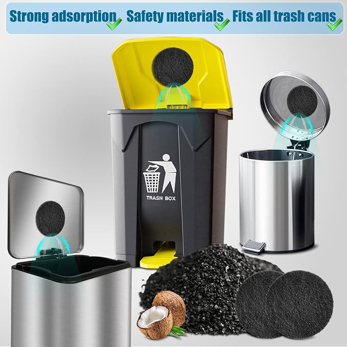 12 Pack Universal Stick-on Trash Can Odor Absorbing Filters Refills | Thick Design Activated Charcoal Purifying Deodorizer for Trash Cans, Compost Buckets, Countertop and Recycle Bins (Round)
