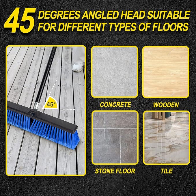 18 Inches Outdoor Push Broom Heavy Duty Shop Broom with 63" Long Handle for Deck Driveway Garage Yard Patio Concrete Floor Cleaning(Blue)