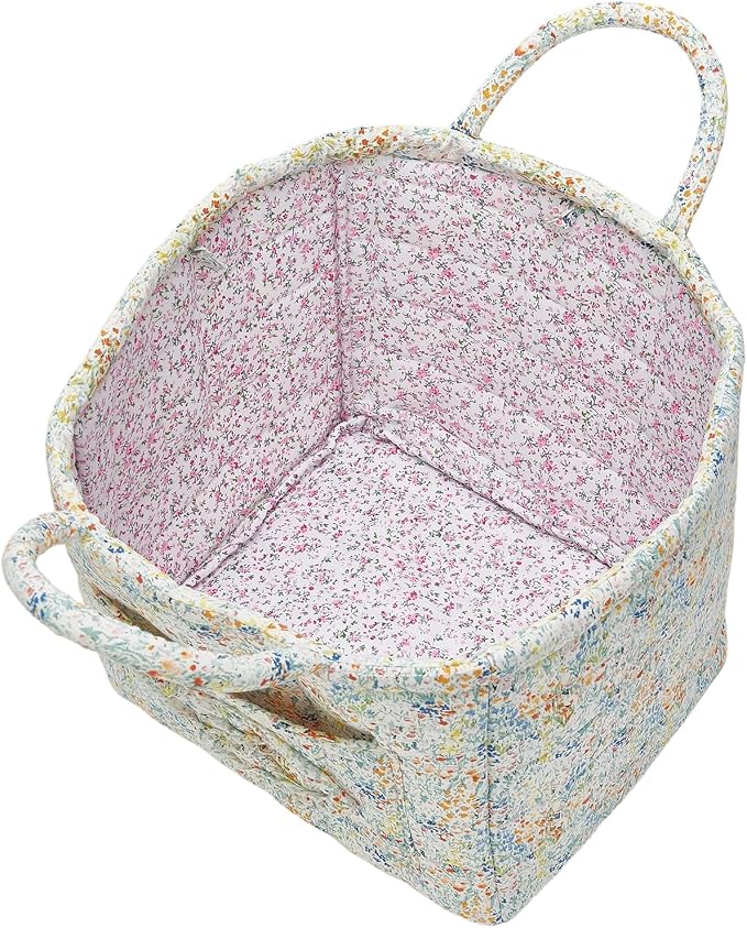 Quilted Fabric Storage Basket with Handles & Pocket, Foldable Laundry Hamper Boho Floral Print Organizer Bin for Home, Picnic, Office 12"x10"x10" (A-3)