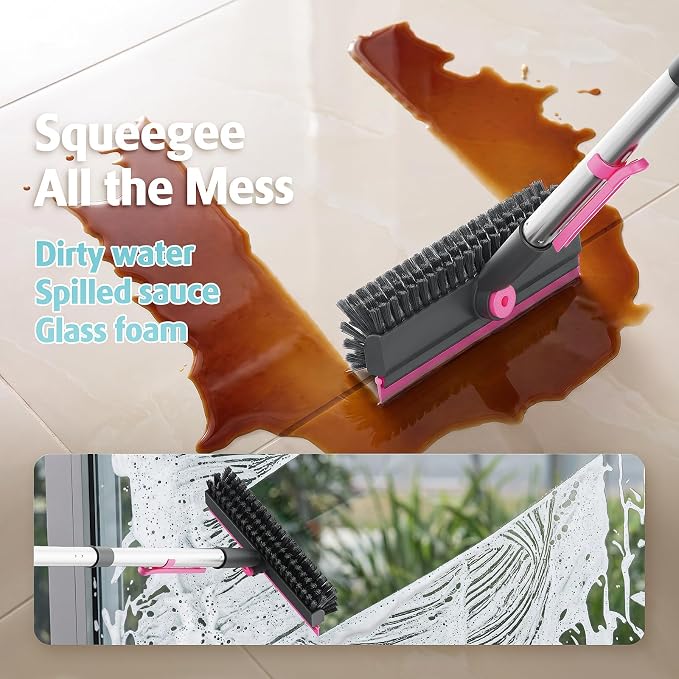 AIR U+ Floor Scrub Brush with Long Handle, 4 in 1 Floor Scrubber & Squeegee | Small Scrubber with Stiff Dual-Sided Bristles and Rotating Head for Shower, Bathroom, Bathtub, Kitchen and Patio, Pink