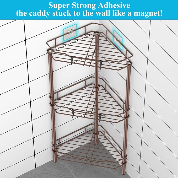 HuggieGems Metal Floor Standing Corner Shower Caddy, Coffee, 3 Tier | Adhesive Bathroom Organizer Shelves, Free Standing Shower Rack with Hooks, Hold Large Shampoo Bottles