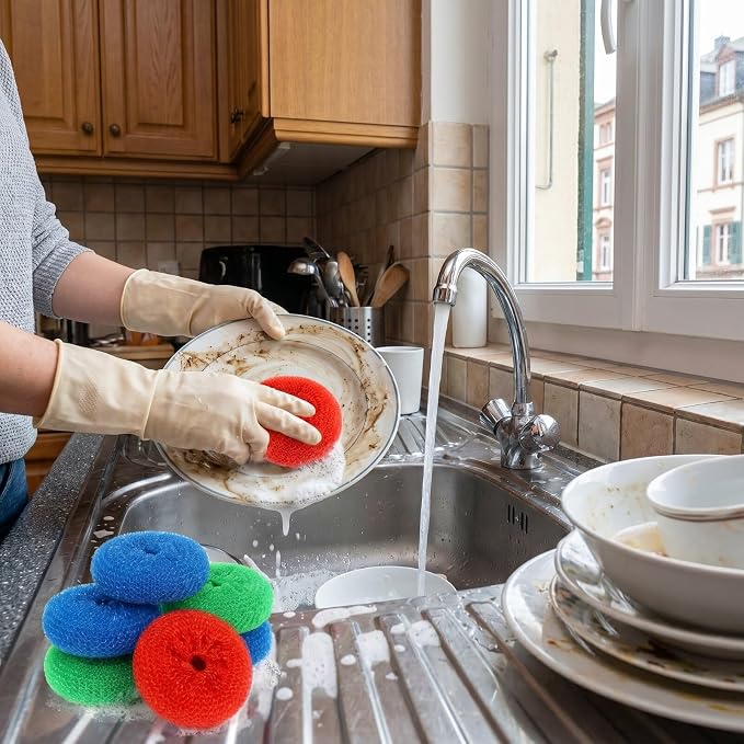 Blulu 15 Pcs Plastic Dish Scrubbers, Nylon Mesh Pads, Primary Colors | Round Scouring Pads, Non Scratch Kitchen Use, Safe on Nonstick Cookware Pots Pans, Durable Mesh Design Ideal with Dishes