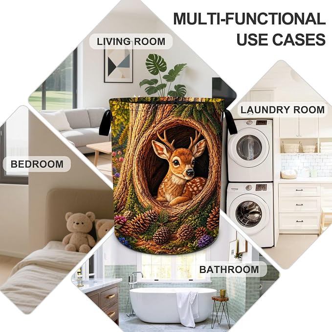 Deer Laundry Basket Foldable Oxford Laundry Hamper With Handle For Room Bathroom Bedroom