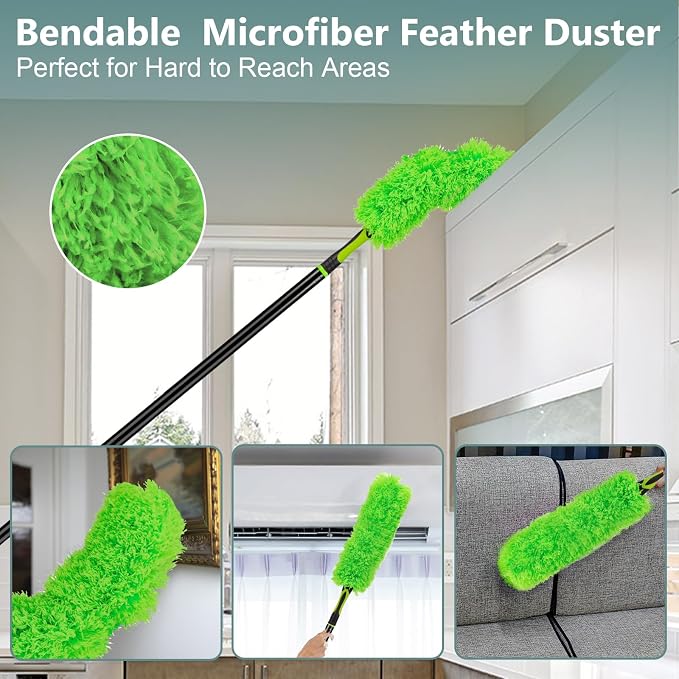 CALBEAU 8 Ft Microfiber Duster with Extension Pole (14 PCS) | 4 Heads for Fan Blade, High Window, Cobweb, Furniture; Safe high-reach cleaning, reaches 15 ft; Dusters for Cleaning