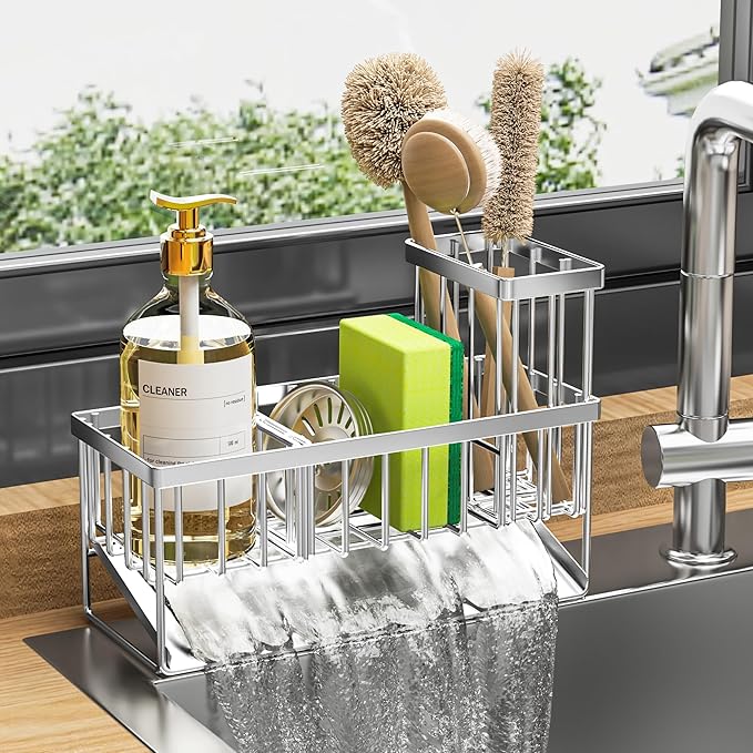 Cisily Sink Caddy Sponge Holder for Kitchen, 304 Stainless Steel Rustproof, Kitchen Sink Caddy with High Brush Holder, Dish Sponge Organizer with Divider(Silver) (Pack of 2)