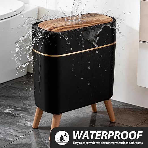 suyika Automatic Trash Can, 2.6 Gallon/10L Bathroom Trash Can with Lid | Wood Grain Lid and Legs, Touchless Waterproof Garbage Bin for Bedroom, Bathroom, Office, Living Room