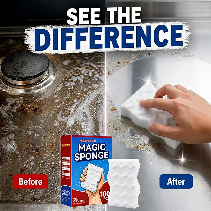 3X Density Magic Sponge Eraser, 100 Pack Cleaning Sponge for Kitchen & Bath | 3X density foam, Extra durable sponge, Ergonomic wavy grip, Deep cleaning power, Multi-surface cleaning, 100 pack value
