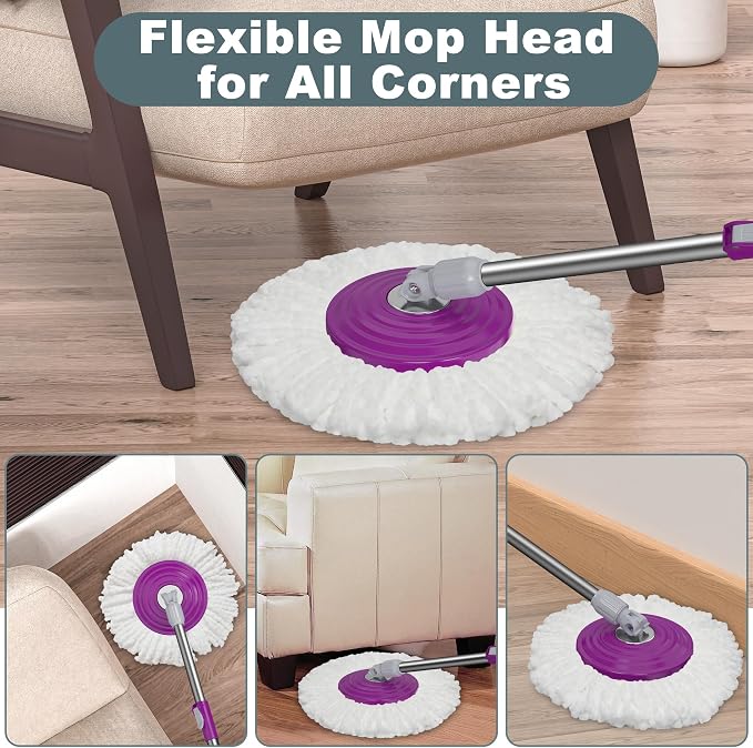 Traditional Large Spin Mop and Bucket, 2 Gal Capacity, Purple | 2 Rolling Wheels, Pull Handle, 61-Inch Handle, 6 Mop Heads, Easy Wringing, For Family Homes, Hardwood, Laminate & Tile Floors