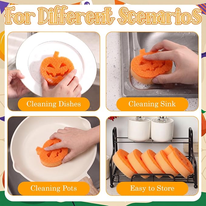 Tioncy 12 Pack Halloween Pumpkin Kitchen Sponges, Orange | Dual Sided Scrubber, Gothic Halloween Decor, Reusable Non Scratch Dishwashing, for Cookware Pot Boiler Pan Household