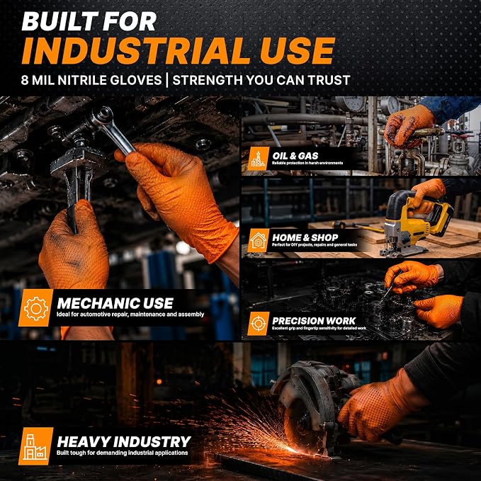 TitanFlex Heavy Duty Industrial Orange Nitrile Gloves, 8-mil, Gloves Disposable Latex Free with Raised Diamond Texture Grip, Powder Free, Rubber Glove, Mechanic Gloves,1000-ct Case (Small)