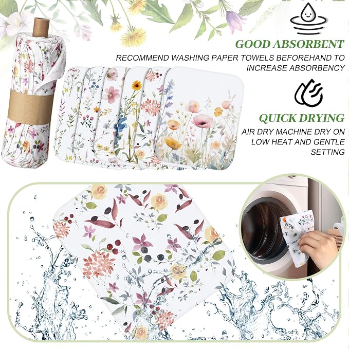 Reusable Kitchen Cloths Cotton Towel, 36 Pack, Wildflowers | Washable 9.84x11.81in, Paperless Towel Rolls Bulk, Cleaning Cloth Napkins for Dishes