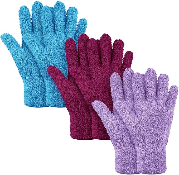 Patelai 3 Pairs Microfiber Dusting Gloves for Plants Leaf, Medium | Reddish Violet, Blue, Purple, Plant Cleaning Gloves, Reusable Washable Gloves,House Furniture Blinds Dusting