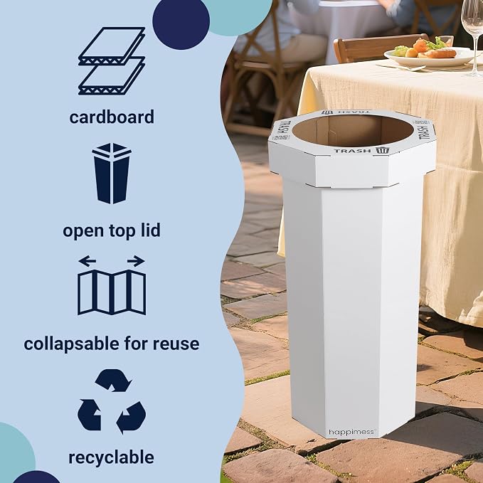 happimess Fleur 25 Gal Trash Can Bin, Cotton White, Set of 2 | Event Recycling, Traditional Classic Disposable Corrugated Cardboard, 32" Height, 16" Width, 16" Depth