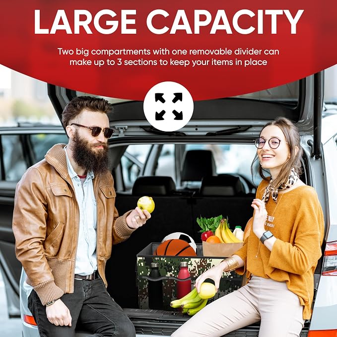 FORTEM Trunk Organizer - Foldable Car Organizer & Storage for SUVs & Trucks | Car Accessories for Men Women, Collapsible Bag, Non Slip Bottom, Straps, Soft Cover, 600D Oxford, 3 Compartments, 65L