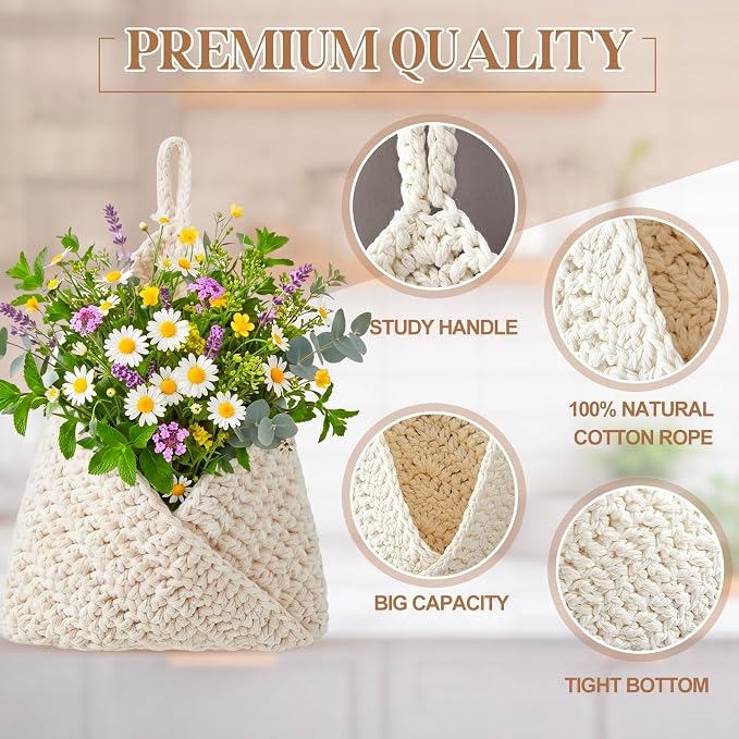 3 Hanging Baskets,White,Triangle,Cotton Rope | Wicker Wall Baskets with Hooks for Fruit Vegetable Onion Storage, Teardrop Organizer for Kitchen, Boho Farmhouse Decor