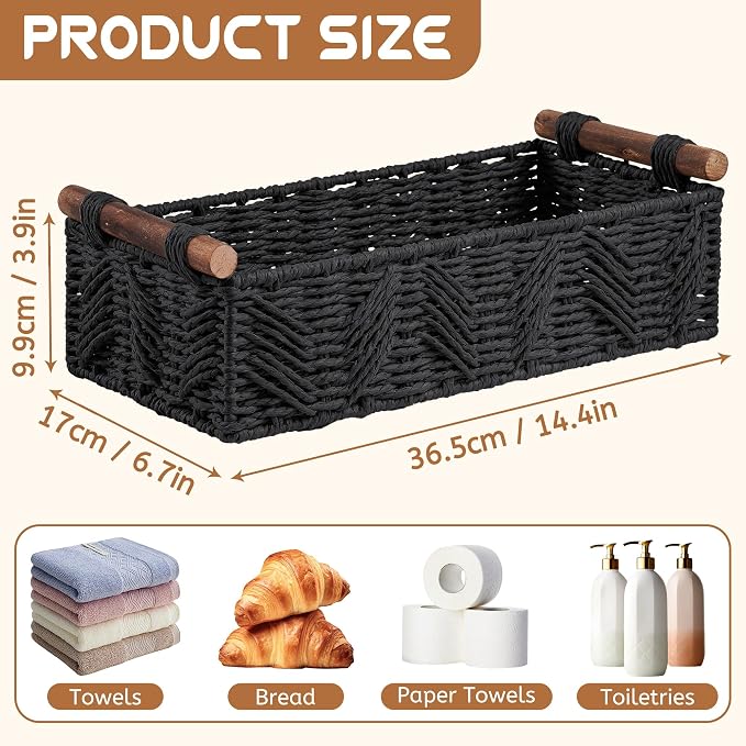 Toilet Paper Storage Basket for Bathroom Countertop Baskets for Organizing | With Handle for Bathroom Bedroom Home Decor Small Basekt for Shelves Apartment Countertop Use,Black