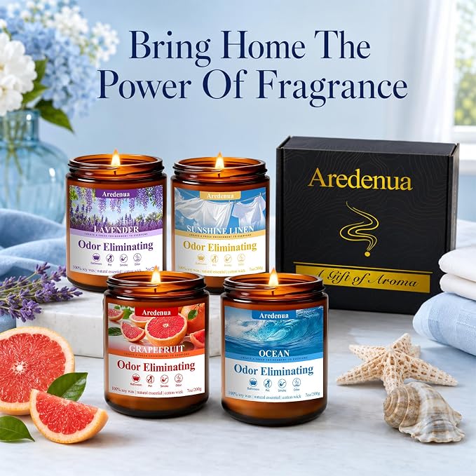 4 Pack Odor Eliminating Highly Fragranced Candle - Eliminates 95% of Pet, Smoke, Food & Other Smells Quickly - Air Freshing Scent of Grapefruit/Linen/Lavender/Ocean - 28oz Soy Candle Gift for Home