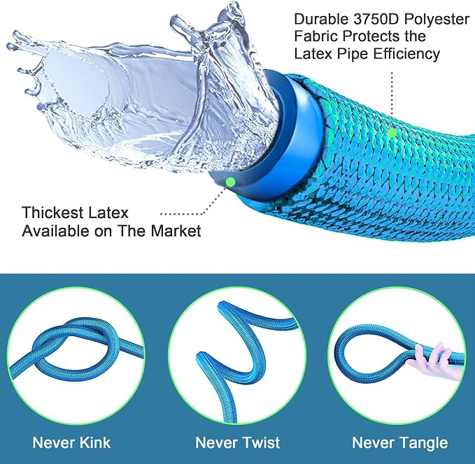 Expandable Garden Hose 150 ft with 10 Function Nozzle Sprayer, Lightweight Flexible Water Hose with Durable Collapsible Latex Core & Solid Brass Fittings, 150ft Retractable Stretch Hose, Blue