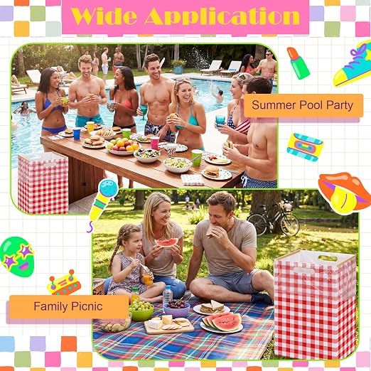 Hushee 4 Pcs 13 Gallon red Plaid Disposable Pop up Trash Cans for Parties | Cardboard Garbage Can with Handles, Trash Bags, Clip, Collapsible Trash Cans, Portable Gingham Trashs Bins for Event, Kitchen