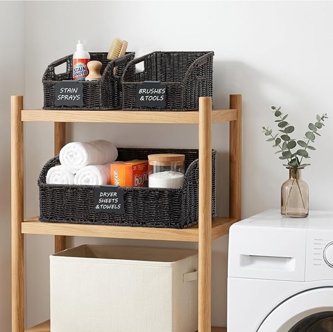 Brownlily Faux Wicker Pantry Storage Baskets, Black-Single Set (3-Piece) | Handwoven Baskets for Organizing with Built-in Handles, All-Purpose Storage Baskets with Chalkboard for Shelves,Laundry Room