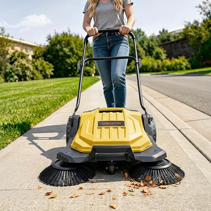 VEVOR Walk-Behind Hand Push Floor Sweeper, Manual Floor Sweeper Non-Electric with 25.6" Sweeping Width, 5 Gallons Waste Container & Adjustable Folding Handle for Yards Walkways Patios Garages - Yellow | 5 Gallons Waste Container & Adjustable Folding Ha...