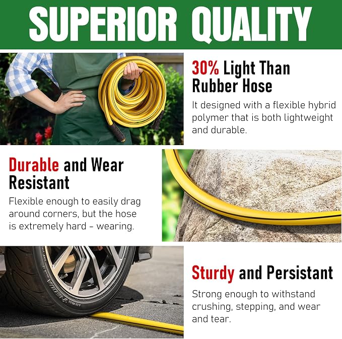 Heavy Duty Garden Hose 75ft, NON-EXPANDABLE Flexible Water Hose, Kink Resistant Lightweight Hybrid Hose, Leakproof Hose Male to Female Fittings