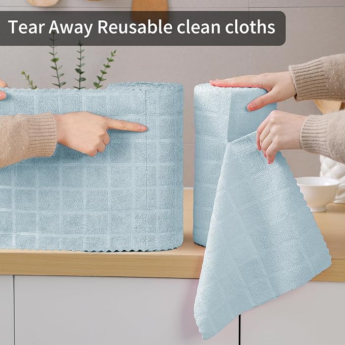 Ferdilan 80 Pack Microfiber Cleaning Cloth Roll,Lint Free Rags Paper Towels & Tear Away Reusable Towels,Washable Shop Rags,Wash Cloths Dish Rags(12" x 12") for Car Kitchen Window Garage-Light Blue