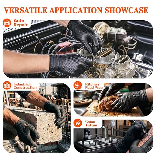 10 Mil Heavy Duty Mechanic Nitrile Gloves, Medium Black 200 Count | Diamond Grip,Latex Free,Chemical Resistant Disposable Thick Rubber Gloves for Auto Repair, Industrial, Food, Work ,BBQ,Men